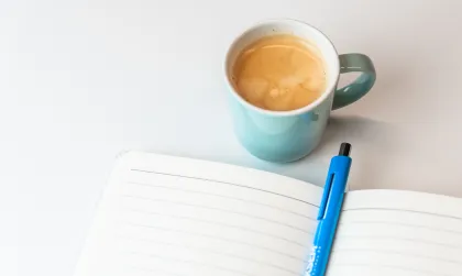 Bovenaanzicht van notitieboekje en balpen van Bliksem Schrijfbureau