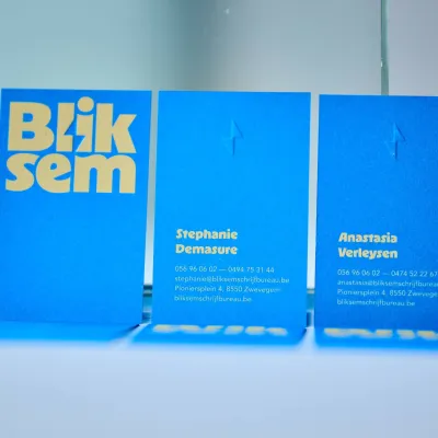3 businesscards van Bliksem Schrijfbureau staan recht op de vensterbank van het kantoor